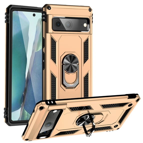Feishell Hybrid Armor Phone Case for Google Pixel 7a,Military Grade Shockproof 360 Rotatable Metal Ring Holder Kickstand Support Magnetic Car Mount Dual Layer Protective Phone Cover,Gold