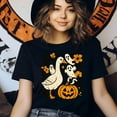 thumbnail image 3 of Halloween Goose with Ghosts and Pumpkin Cute Graphic T-Shirt, Heliconia, Size S, 3 of 6