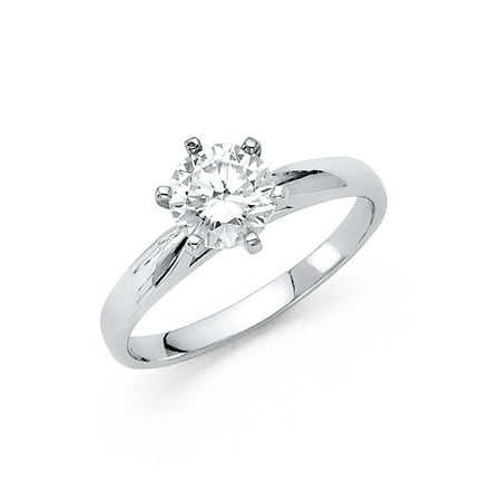 Brilliant Cut Solitaire Ring - 14K Solid White Gold Classic Traditional Round Brilliant Cut Solitaire Cubic Zirconia Engagement Ring , Size 9
