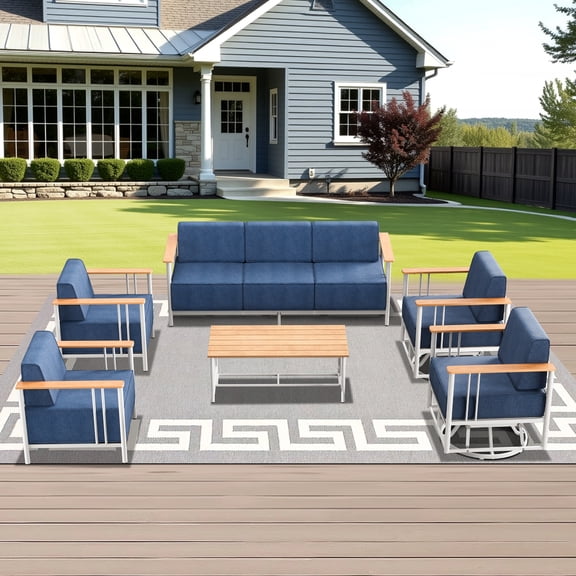 Unnifurnzi 6 Pieces Outdoor Furniture-Outdoor Furniture Set with Patio Chairs All Weather Outdoor Sofa with Coffee Table for Deck Porch Poolside Balcony-White/Blue