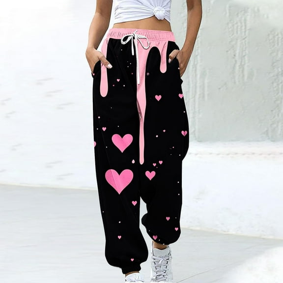 Gmdeguo Women's Fashion Casual Valentine's Day Printing with Pocket Elastic Waist Trousers Long Straight Pants Sweatpants Sweatpants