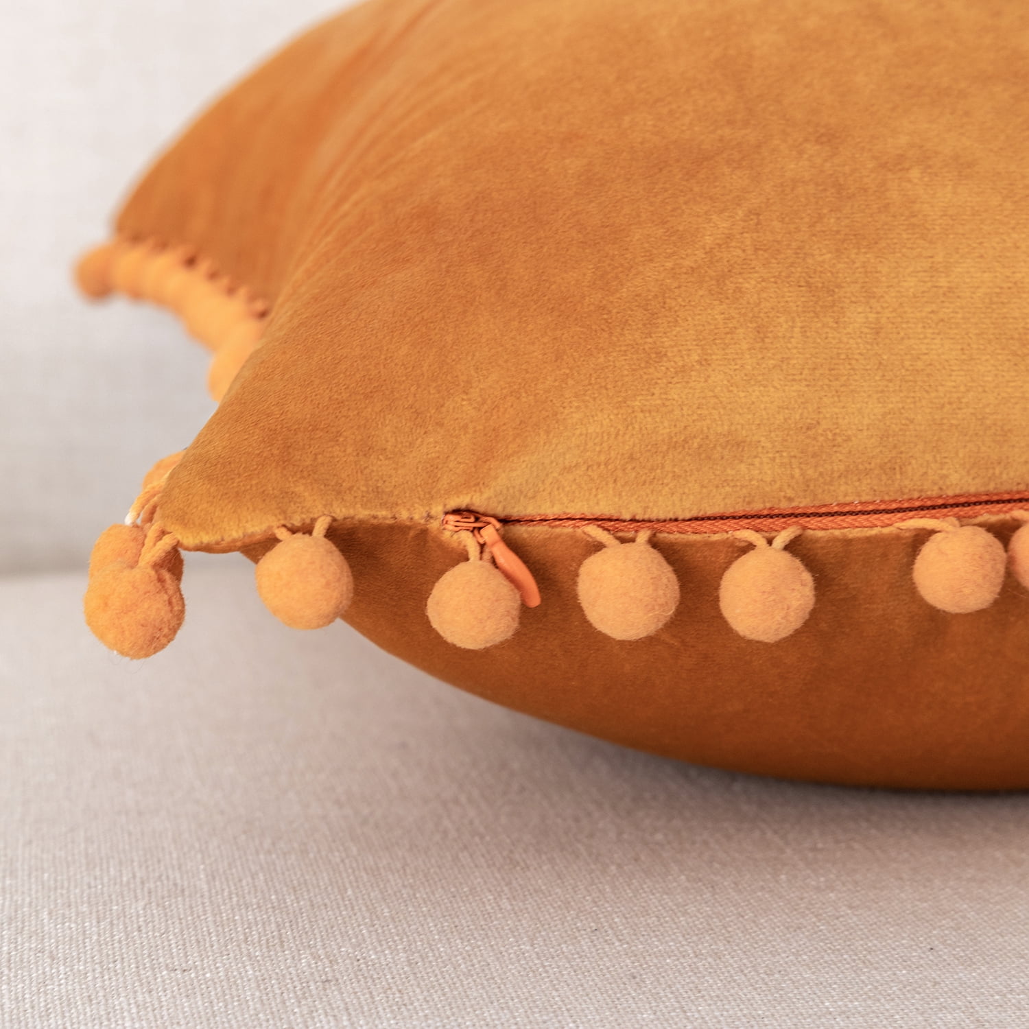 Ashler Decorative Soft Velvet Throw Pillow Cushion Covers with Pom Poms Particles Solid for Couch Bedroom Car, Orange, 18 X 18 ,Packs of 2
