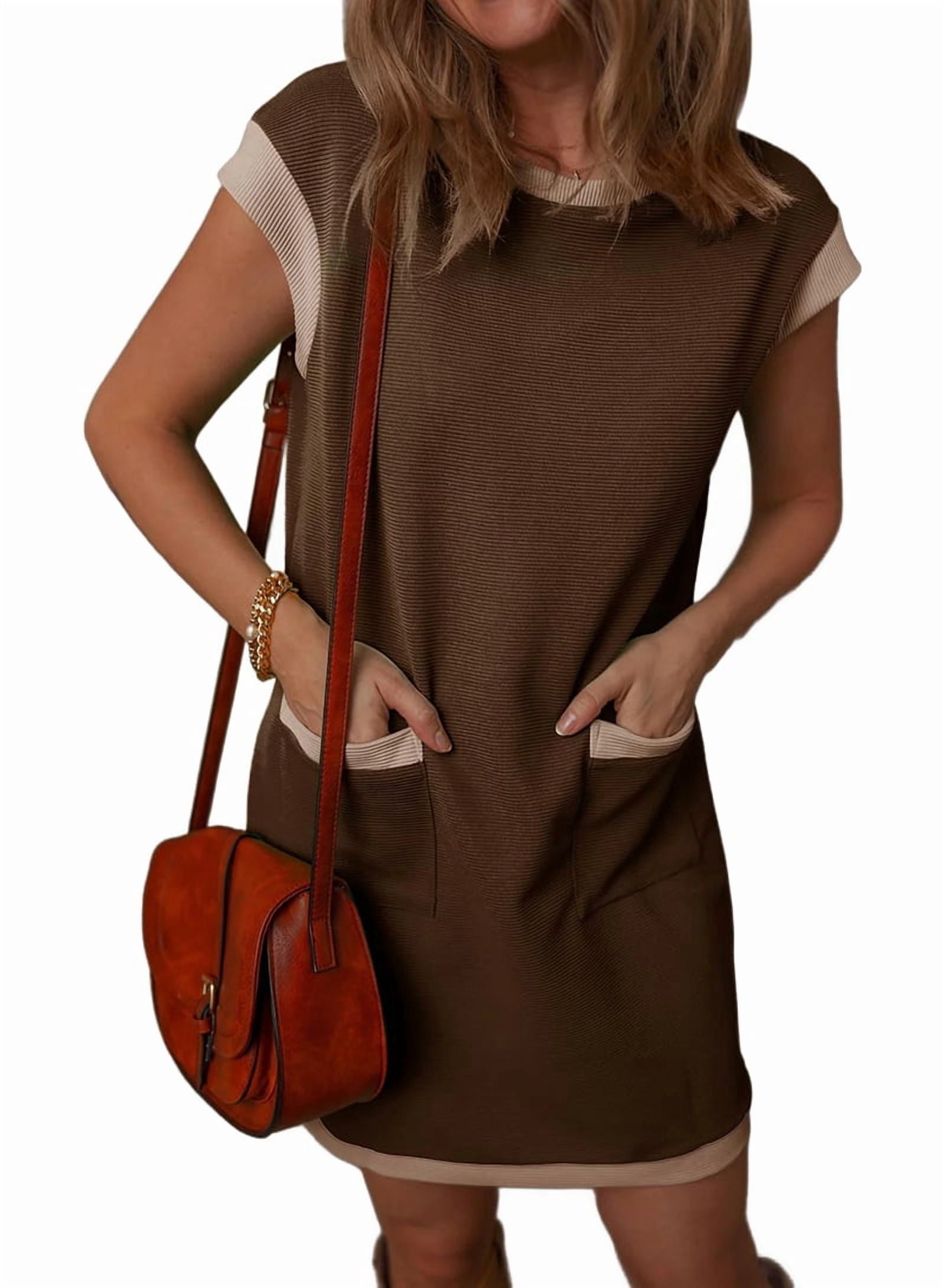 Women'S Casual Summer Dresses Fashion Cap Sleeve Color Block Crewneck Shift Tshirt Mini Dress Brown L