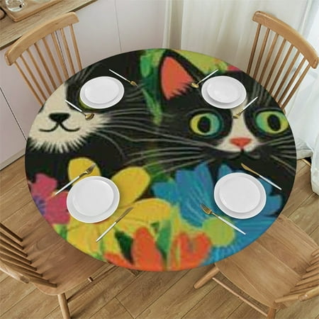 

Sheronv Cats Flowers Puzzle Round Tablecloth 100% Polyester Stain-Resistant Washable Waterproof Fabric Home Dining Decor 31 -35