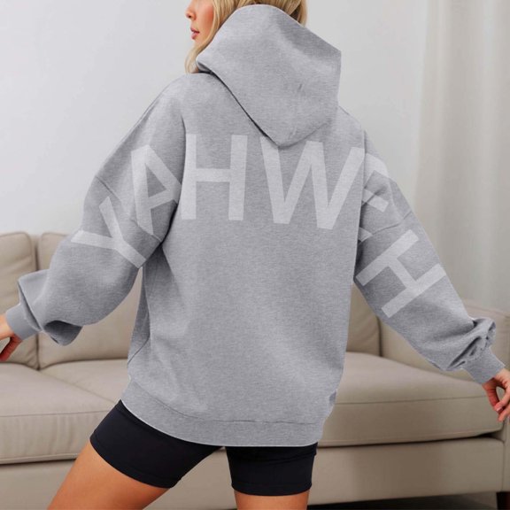Tawop Women Printed Long Sleeve Loose Pocket Fall and Winter Pullover Hooded Sweatshirt Gray