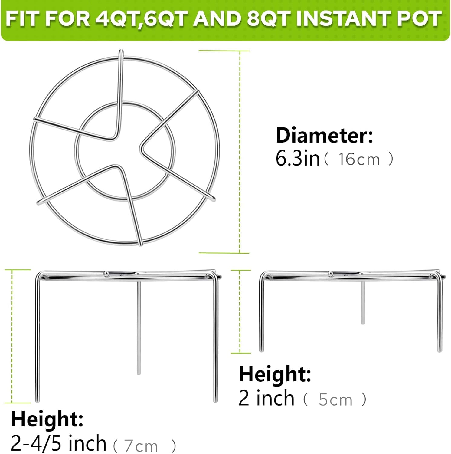 ABPETE Steam Rack, 2-4/5" and 2" Tall Trivet for Instant Pot 3 Qt and 6 Qt, Heavy Duty 18/8 Stainless Steel Steamer Rack Fit Pressure Cooker (6.3" Round - 2Pcs)