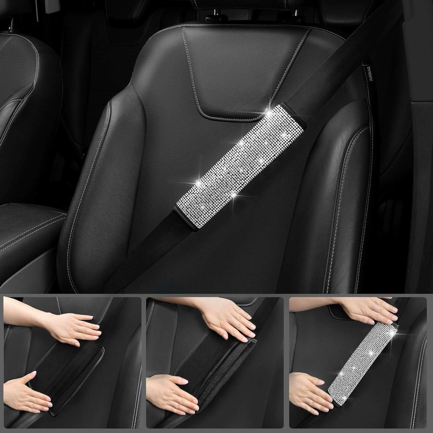 CAR PASS 11 PCS Bling Diamond Car Accessories for Women, Sparkly Rhinestone Steering Wheel Cover, Bling Seat Belt Cushion, Glitter Shift Knob Cover, Car Cup Holder Coaster, Cute Interior Sets Black