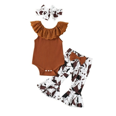 

ZHAGHMIN Girl S 2 Piece Outfits Floral Girls Sleeveless Ribbed Lace Romper Bodysuit Bowknot Leopard Prints Bell Bottoms Pants Headbands Outfits Take Luck Home Clothes Juniors Tops For Teen Girls Fem