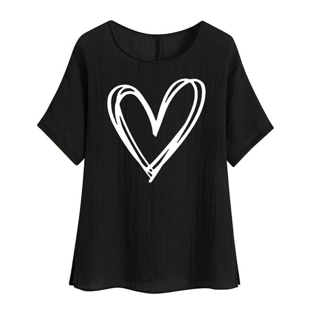 Plebaso Hauts à Manches Courtes en Coton et Lin pour Femmes, Col Rond avec Cœur, Chemises Décontractées Imprimées, Blouses Légères
