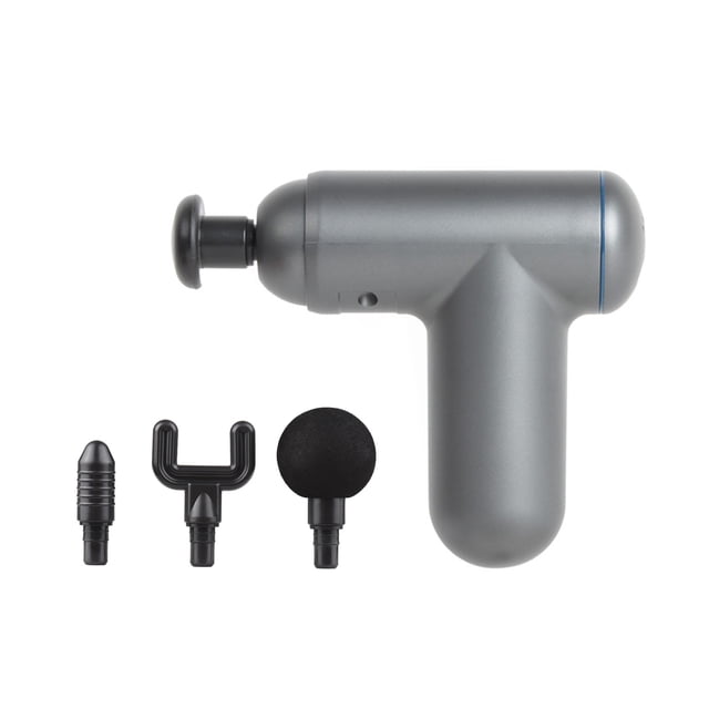 Mini Fascia de Massage Portable Percussion des Tissus Profonds 6 Vitesses Réglables Faible Bruit Batterie Intégrée avec 4 Têtes de Massage Câble USB pour Douleurs Cou Dos Épaule Bras Corps Gris