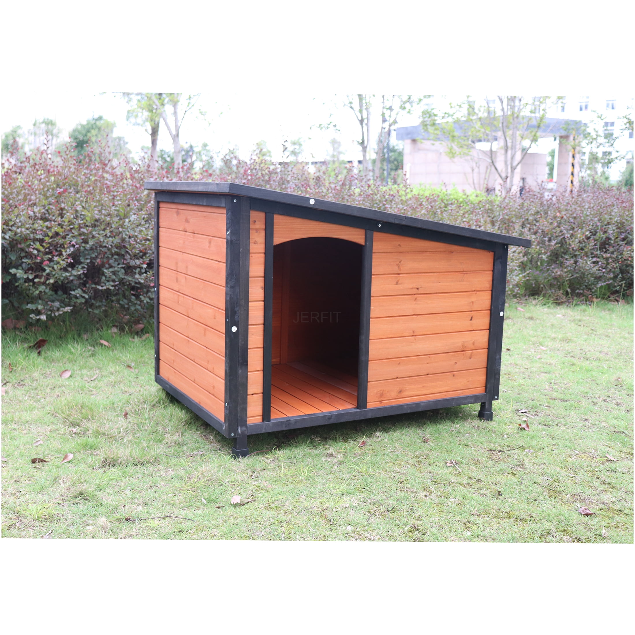 JERFIT Large Dog House Outdoor Indoor Wooden Kennel with Waterproof Roof & Raised Floor, 46 Inch Solid Wood Pet Villa for Winter, Gold Red & Black