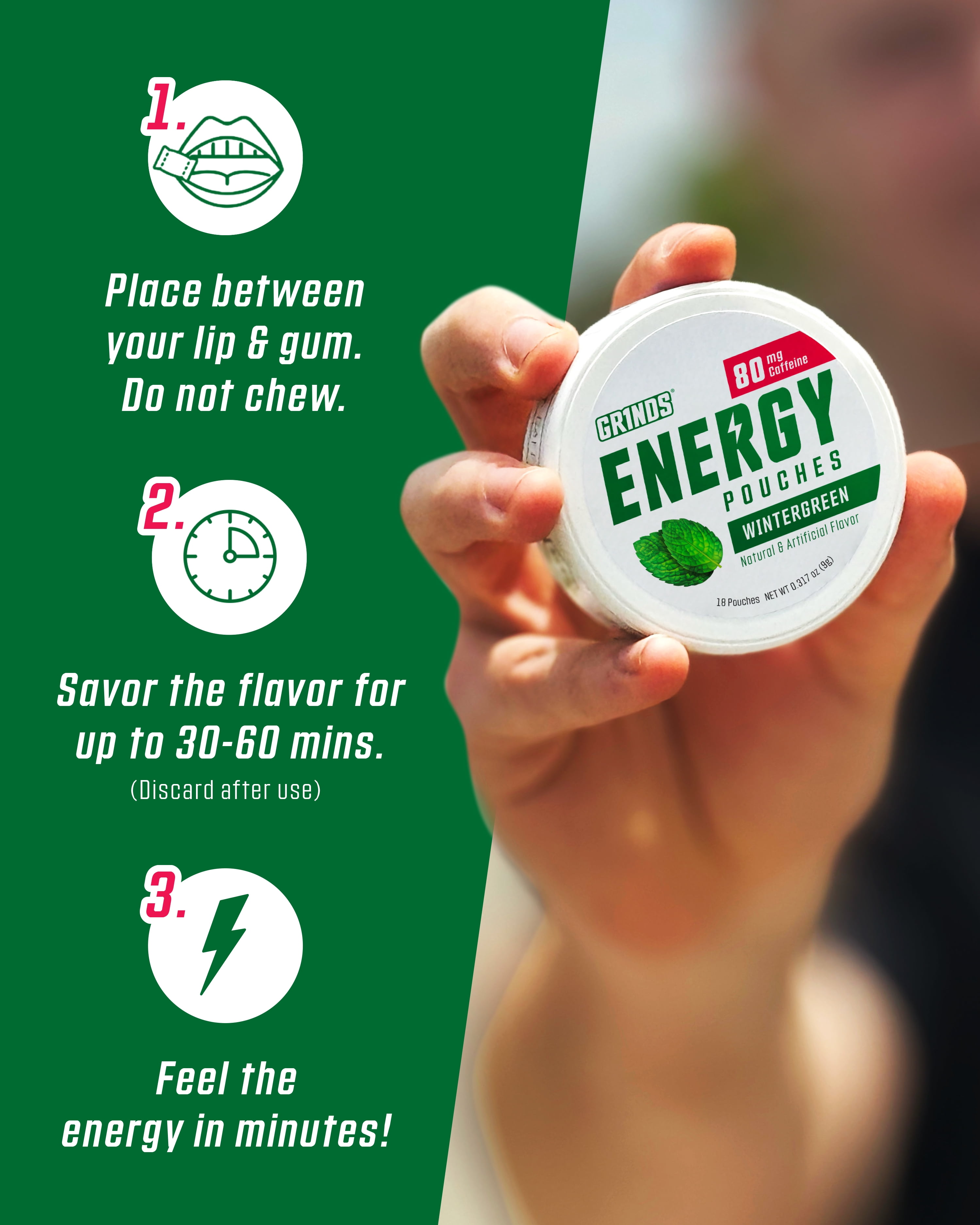 Grinds Energy Pouches, Nicotine-Free, 80mg Caffeine, Wintergreen, 18 Pouches (1 Can)