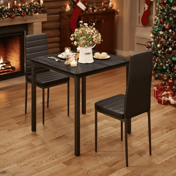 Dining Table Set for 2, 3 Piece Kitchen Table Set with 2 Upholstered PU Leather Chairs for Dining Room, Living Room, Apartment, Small Space, Black
