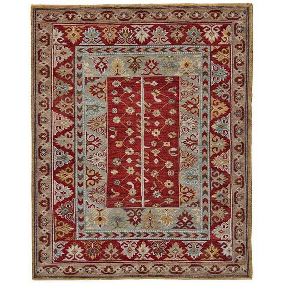 HomeRoots 511607 9 x 12 ft. Red Blue & Brown Wool Floral Hand Knotted Distressed Stain Resistant Rectangle Area Rug with Fringe