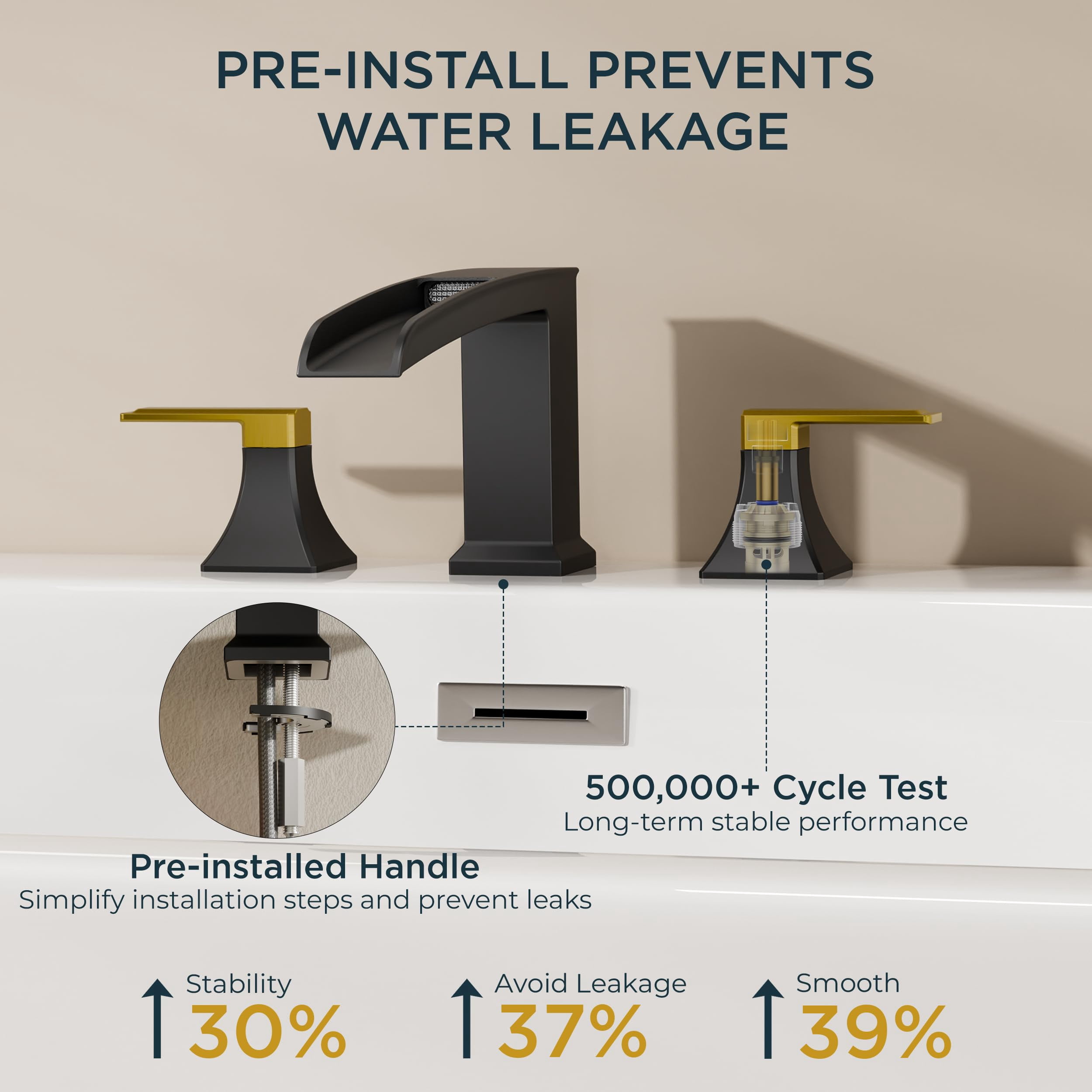 Waterfall Bathtub Faucet Set 3 Hole 2 Handle Deck Mount Roman Tub Widespread Black and Gold