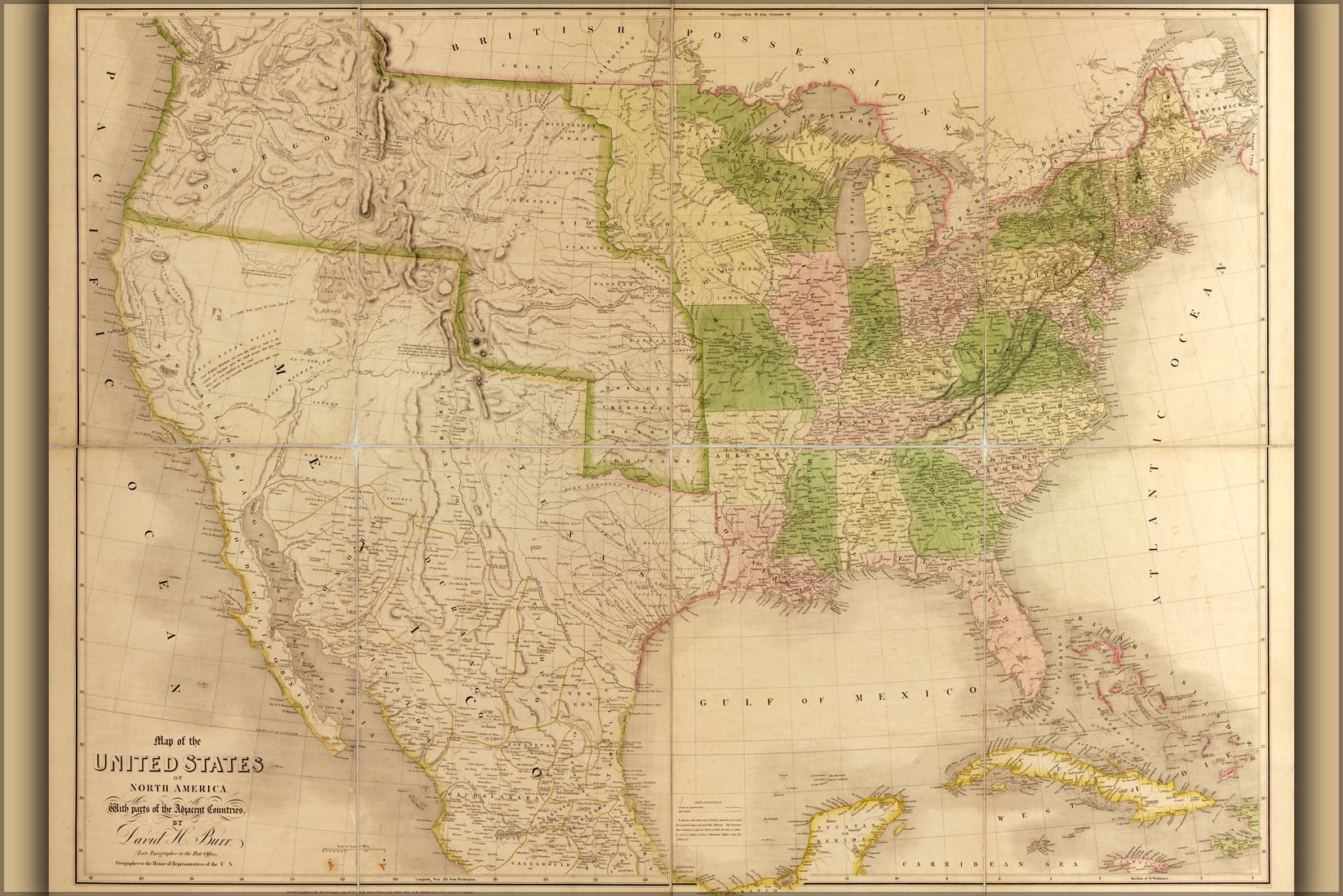 24"x36" Gallery Poster, 1839 map of the united states of america ...
