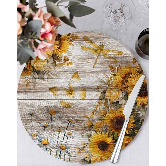 13 Inch Round Placemats Set of 6, Farmhouse Sunflower Non Slip Heat Insulation PP Table Mats, Vintage Daisy Butterflies Rustic Wood Washable Place Mats for Kitchen Dining Party Table Decor