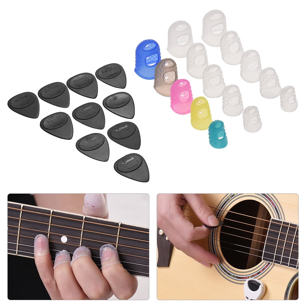 Guitar Capo for Acoustic Guitar 2Pcs Electric Classical Guitar Ukulele with 10Pcs Guitar Picks of 0.46mm thickness & 2Pcs Picks Holder with Guitar Bridge Pin Puller Black & Wooden Color Silver 