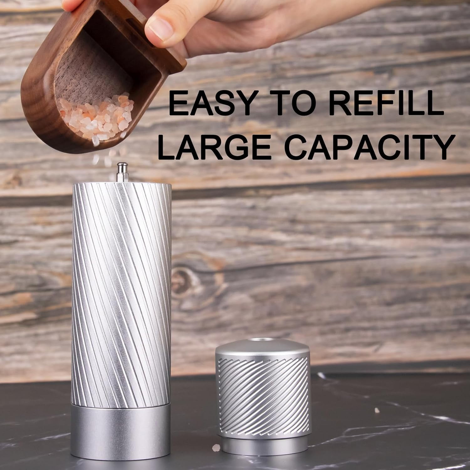 Professional Grade Salt Mill, Heavy Duty Refillable Aluminum Manual Salt Mill with Adjustable Coarseness and Ceramic Blade