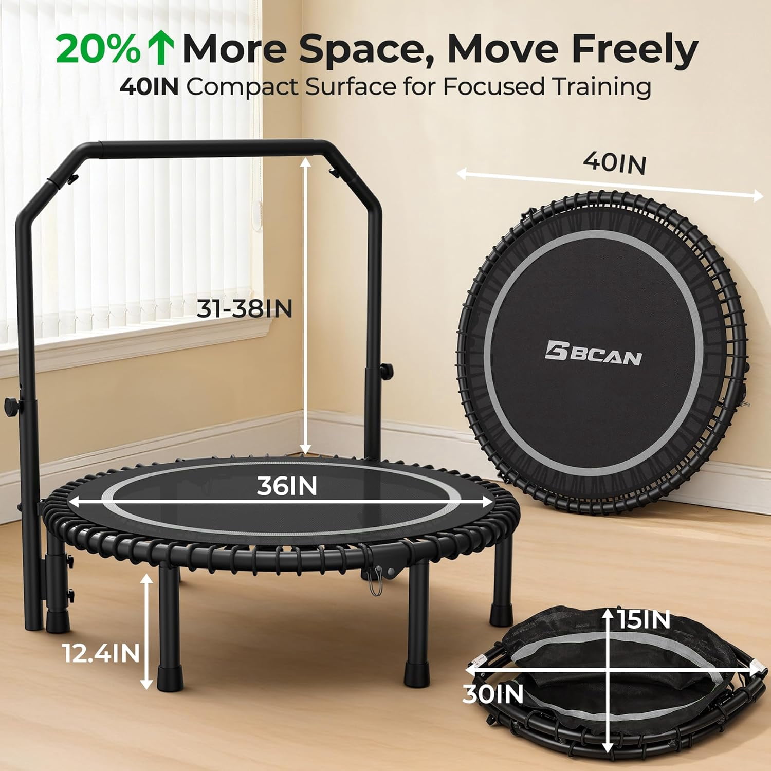 BCAN BT2 40-Inch Adult Mini Rebounder Trampoline, 450-pound weight capacity, adjustable handrails, and a Silent Resistance Band Design, suitable for indoor and outdoor home workouts