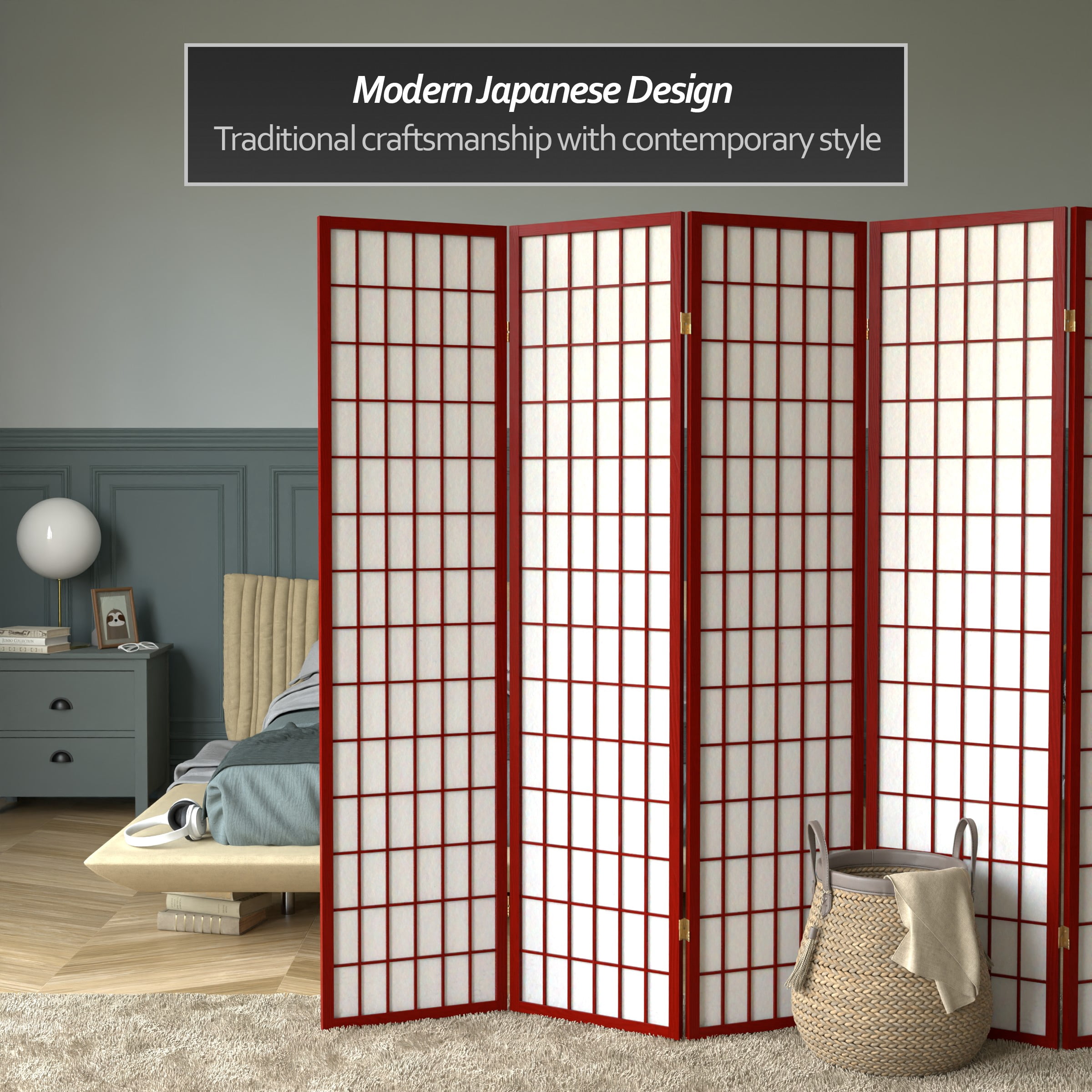 6 ft. Tall Window Pane Shoji Screen - Rosewood - 8 Panels