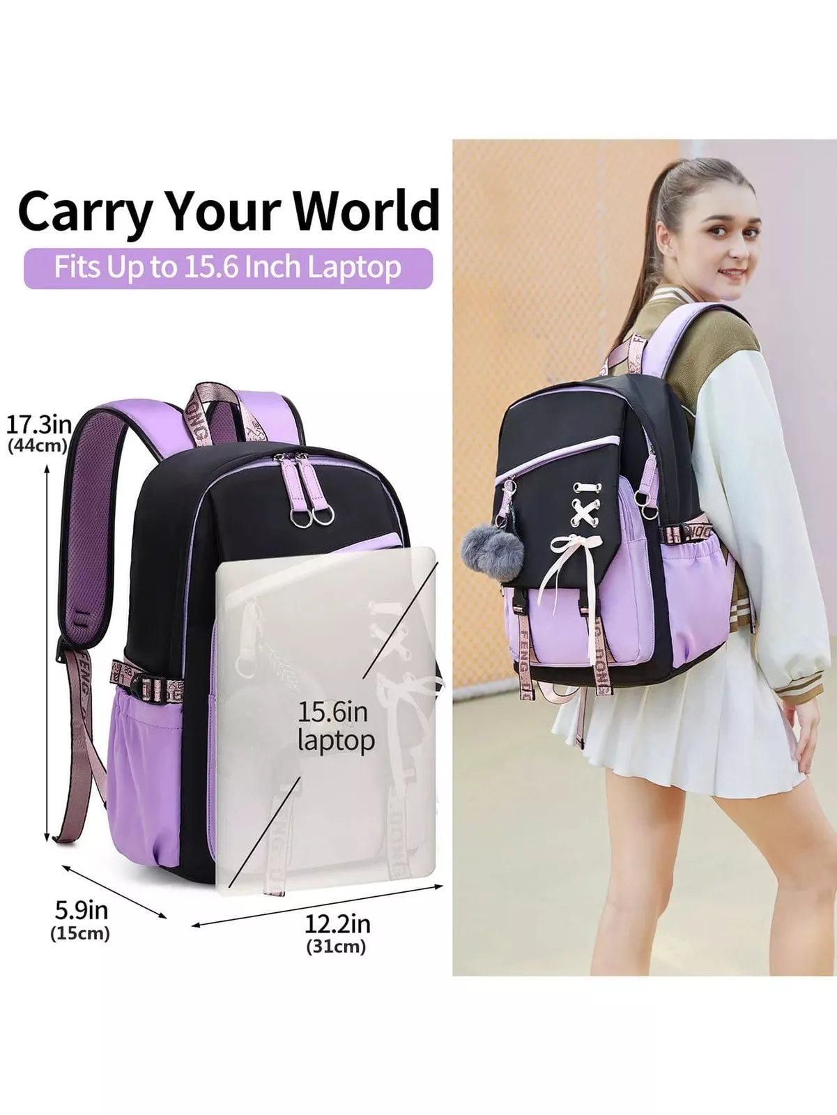 Mochila escolar con puerto USB de carga, para laptop, de viaje, de hombro, tipo rucksack 5