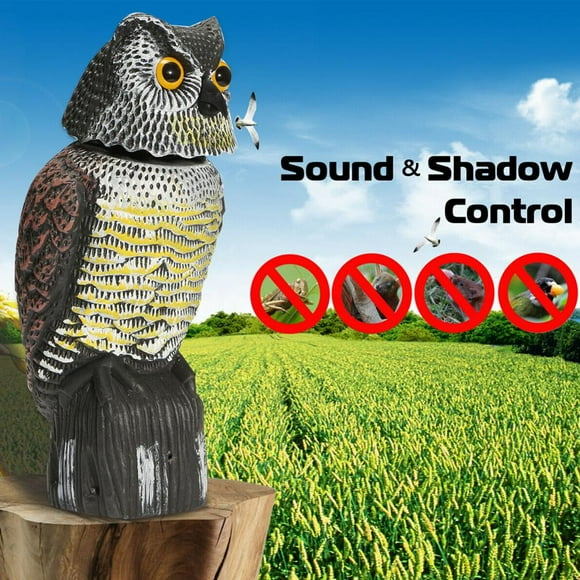 Owl Decoy 360 Rotate Head to Scare Birds, Scarecrow Owl Decoy Statue Realistic Scary Sounds Shadow Fake Owl Outdoor Pest Bird Deterrent for Patio Yard Garden Protector