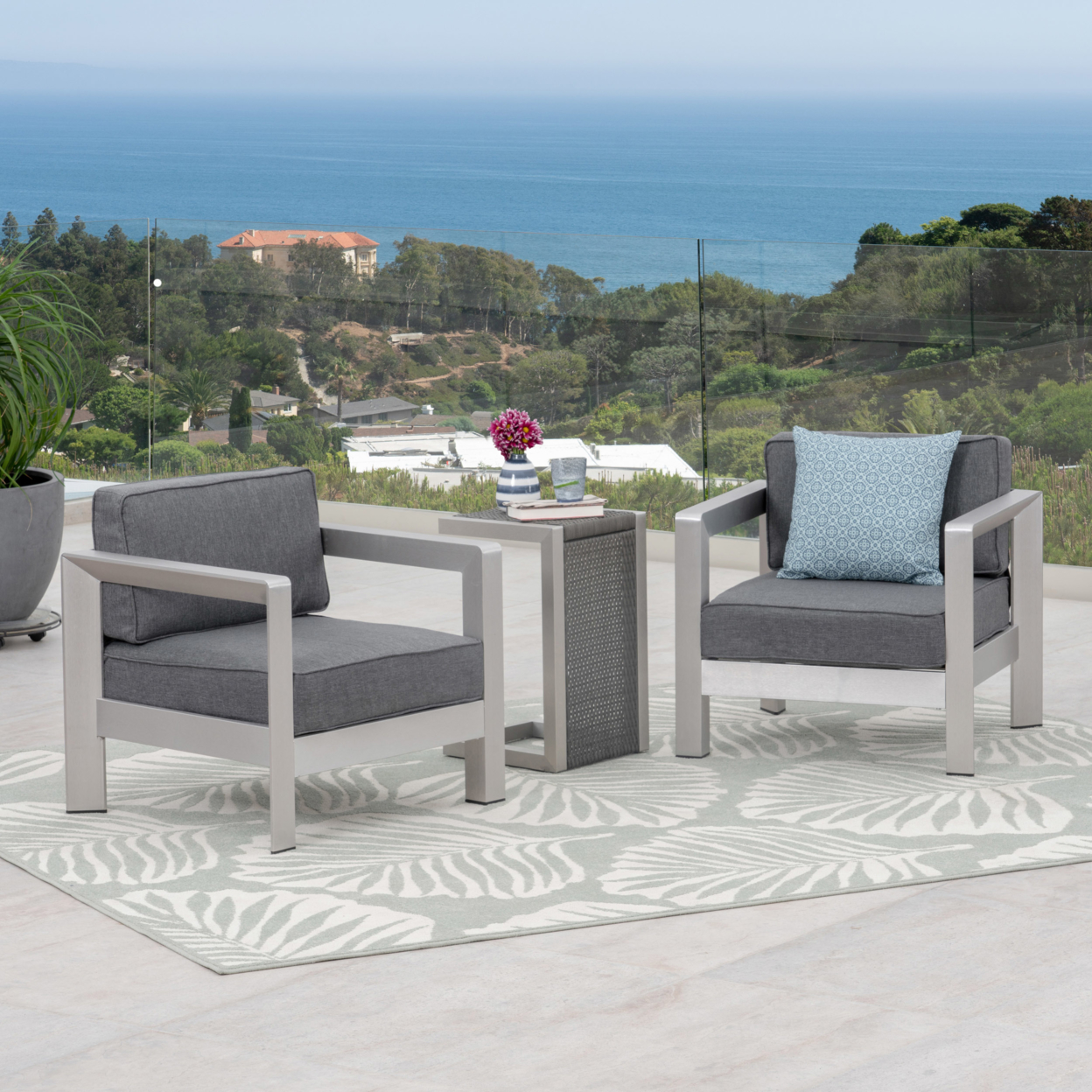 GDF Studio Alec Outdoor Aluminum and Wicker 3 Piece Chat Set with C Shaped Side Table, Silver and Khaki - image 4 of 10