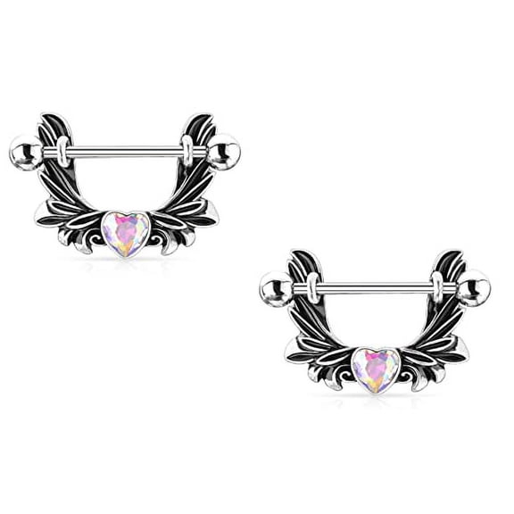 Body Accentz Pair of Pierced Angel Wings with Heart-Centered Crystal 316L Surgical Steel Nipple Shield