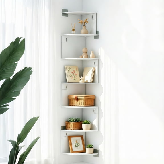 7-Tier Floating Corner Shelf, No-Drill Wall Mount Bookshelf, MDF Storage Organizer, 4 Feet Tall, Multipurpose Wall Rack for Kitchen, Bedroom, Bathroom, Living Room & Office Decor
