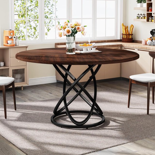 Tribesigns Round Dining Table for 4, 47-Inch Dinner Table Circle Kitchen Table with Metal Base, Wood Dining Room Table Cofee Table for Kitchen, Restaurant, Café, Walnut and Black