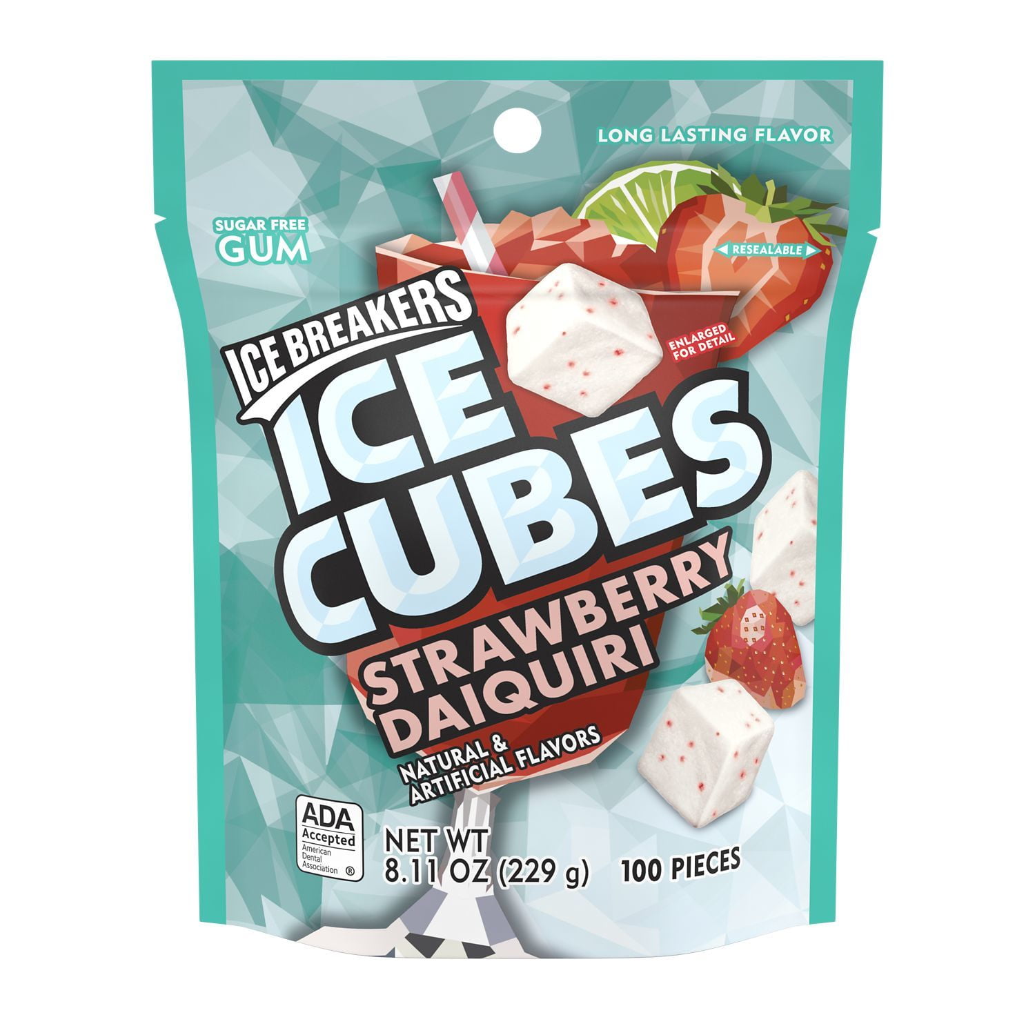 ICE BREAKERS, ICE CUBES Strawberry Daiquiri Flavored Sugar Free Chewing Gum, Made with Xylitol, 8.11 oz, Resealable Pouch (100 Pieces)