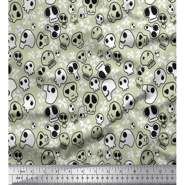 Soimoi Poly Georgette Fabric Crossbone & Skull Halloween Decor Fabric Printed Yard 52 Inch Wide