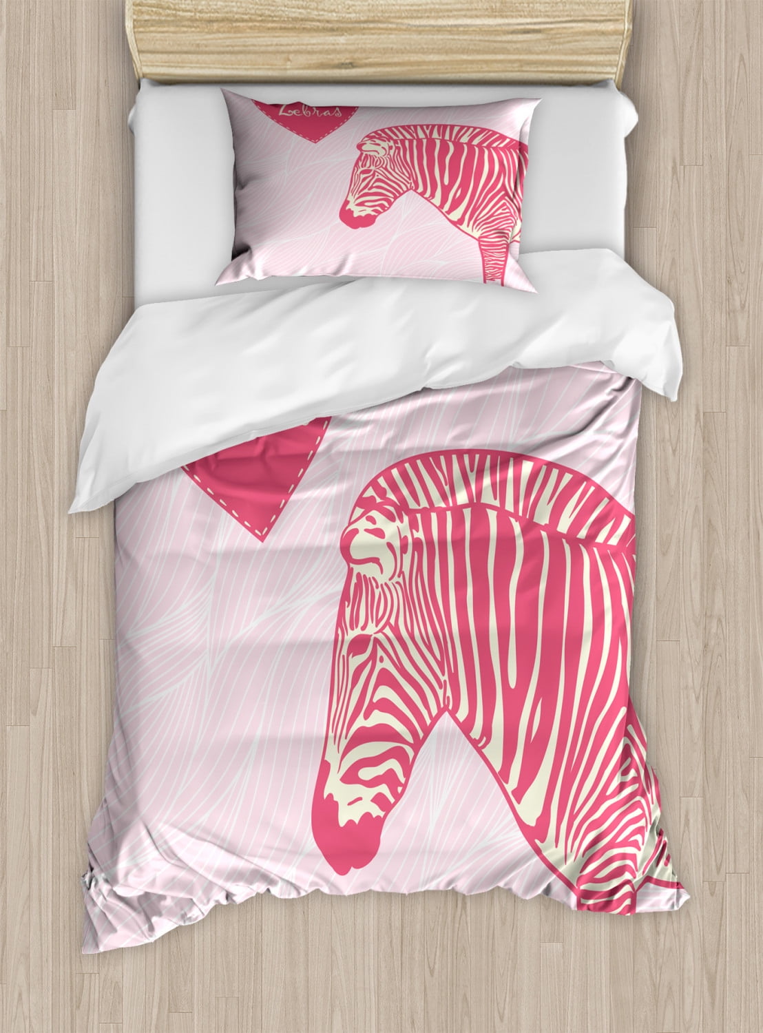 Pink Zebra Twin Size Duvet Cover Set, I Love Zebras in Heart Romantic