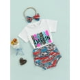 thumbnail image 3 of Franhais Newborn Three-Piece Outfits, Short Sleeve Round Neck Letter Print Tops + Leopard Colorful Short Pants + Decorative Hairband, 3 of 9