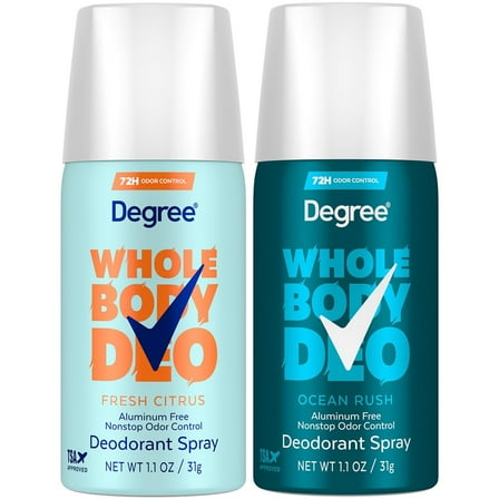 Degree Whole Body Deo Spray Variety 2-Pack – Aluminum-Free Deodorant for Women (Fresh Citrus) & Men (Ocean Rush), Travel-Size, 1.1 Oz Ea
