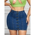 thumbnail image 2 of Women's High Waisted Button Front Denim Mini Skirt Stretchy Curve Hugging Retro Style, 2 of 6
