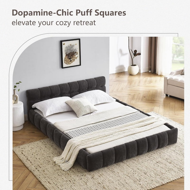 Queen Size Upholstered Platform Bed with Thick Fabric, Chenille Grounded Bed with Headboard and Solid Frame, No Box Spring Needed