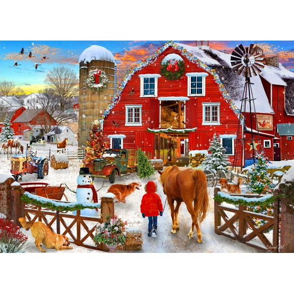 Vermont Christmas Company 'Christmas Horse Farm' Jigsaw Puzzle 1000 Piece - Fully Interlocking & Randomly Shaped Pieces - 26 5/8"" x 19 1/4""