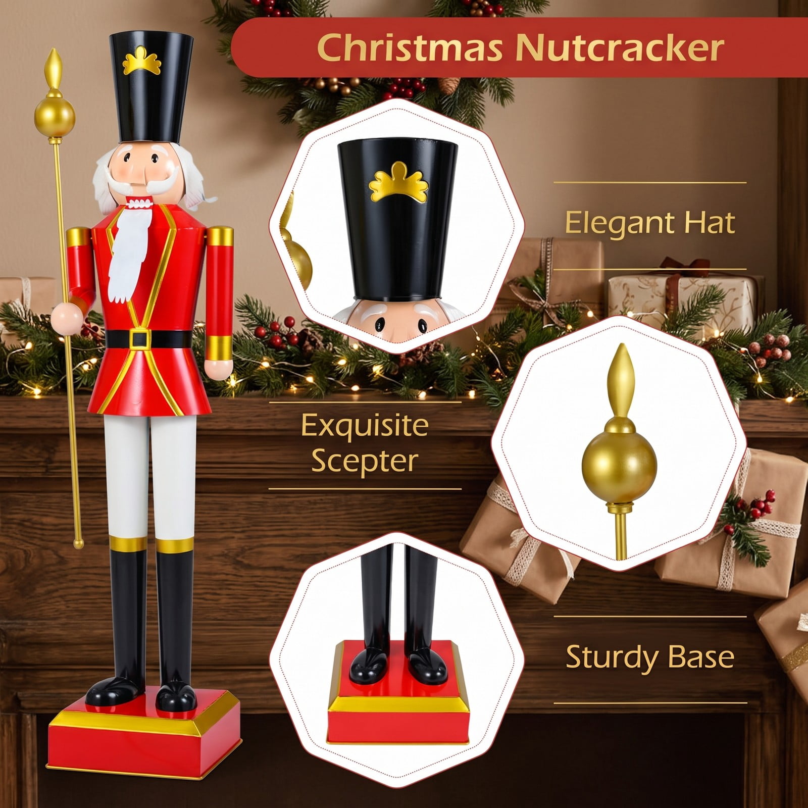 RUIE 4 FT Christmas Nutcracker Statue with High Hat & Scepter, Metal Holiday Nutcracker Soldier Figure with Hidden Lockable Storage for Indoor Outdoor, Black & Red