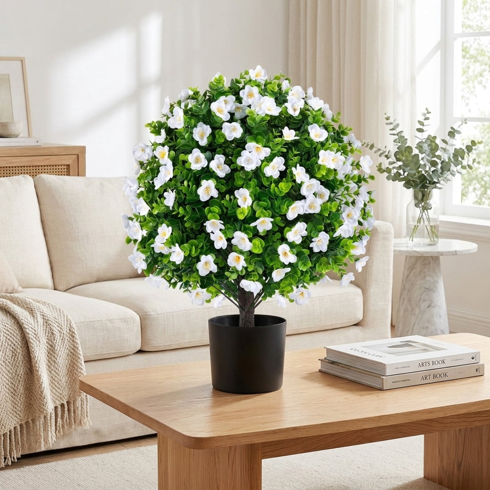 Vebreda Artificial Plant Decor, 2 Pack Artificial Eucalyptus Topiary Trees with Flowers and Cement Planter for Home, Lifelike Eucalyptus Bush