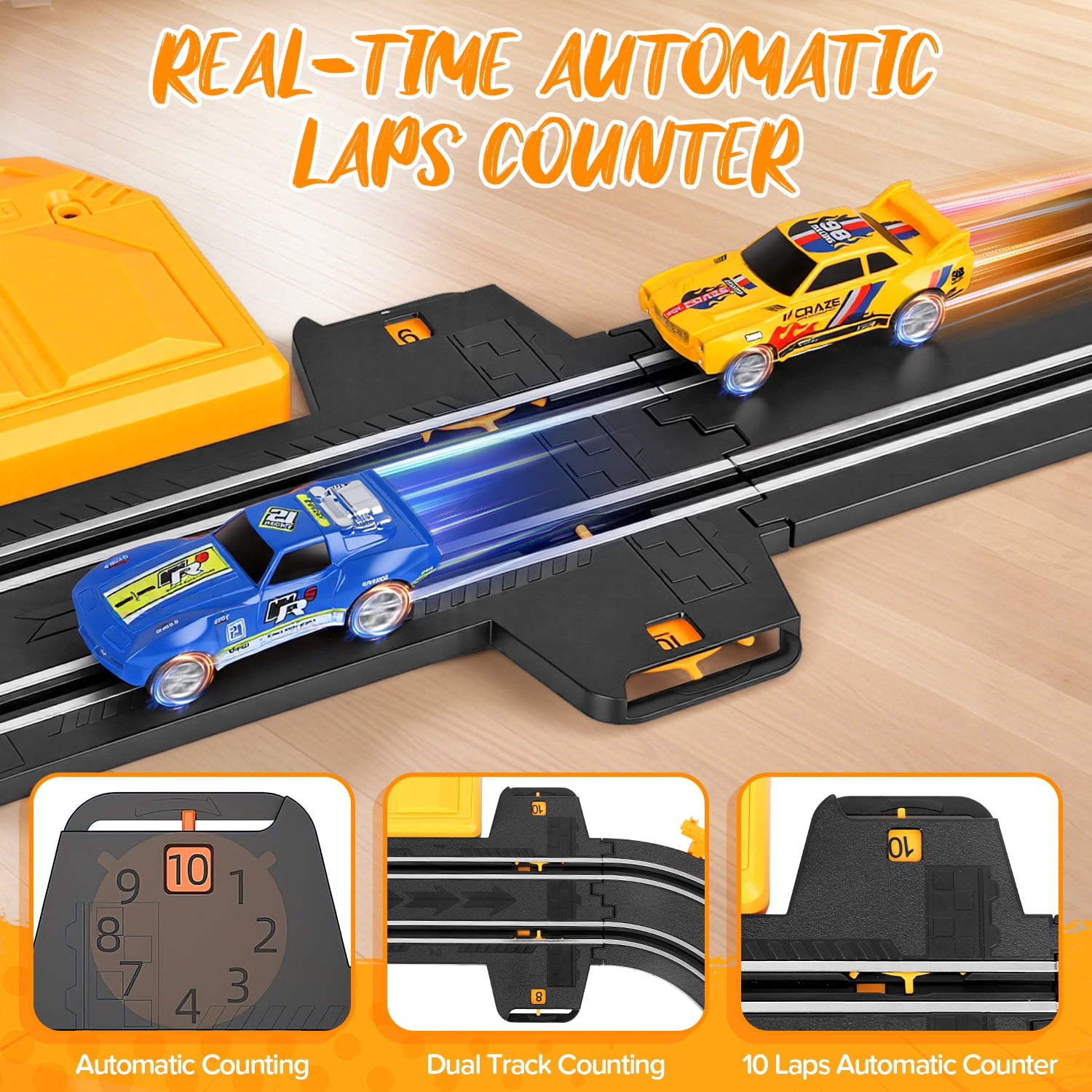 UQN 2-in-1 Slot Car Race Track Set, Electric Race Track for Kids 4-8 with 1:64 High-Speed Racing Car, Dual Racing Game Lap Counter Circular Overpass Flash Tracks, Gifts Toys for Boys Kids age 6-8-12