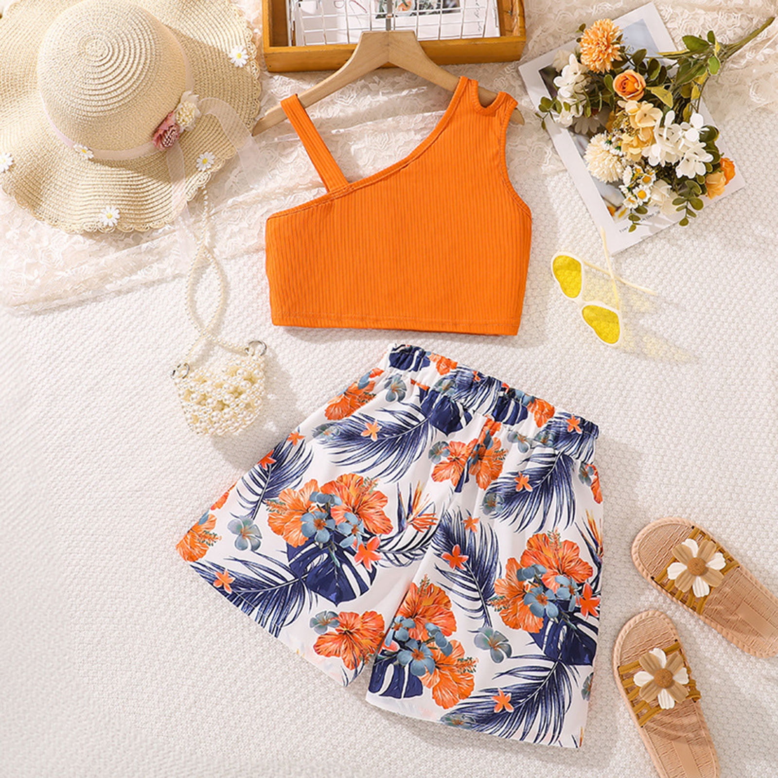 Kid Clothing For Girls Solid Color Round Neck Sleeveless Outfits Adorable Floral Prints Dress Clothes Set Holiday Daily Wear 9-10 Years Orange