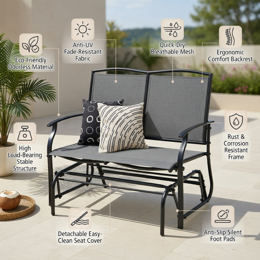 Hommoo Heavy-Duty Steel Outdoor Rocking Loveseat Chair, Textilene Patio Rocker for Backyard, Lawn, Deck or Indoor Living Space, Gray