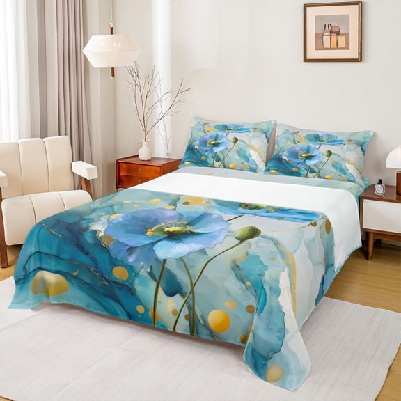Homewish Blue Flower Floral Twin Sheet Sets for Women, Fashion Marble Artwork Twin Fitted Sheet, Splash Watercolor Flat Sheet, Luxury Bedroom Decor, 3pcs