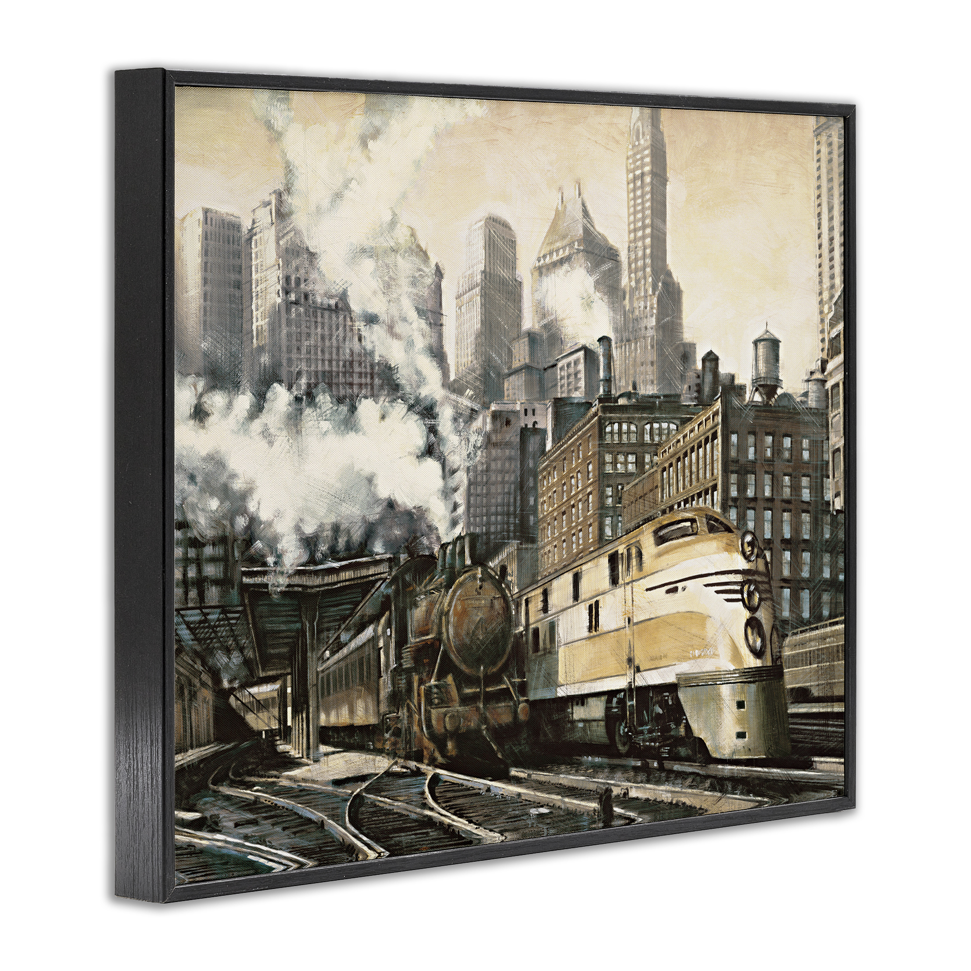 Stupell Industries Urban Steam Train Scenery Painting Black Framed Art Print Wall Art, 20 x 16