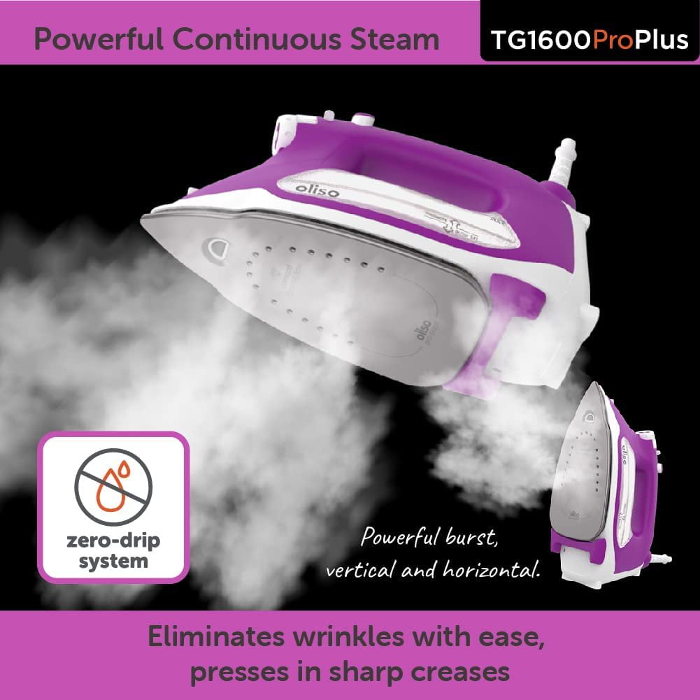 Oliso TG1600 Pro Plus 1800 Watt SmartIron with Auto Lift - for Clothes, Sewing, Quilting and Crafting Ironing | Diamond Ceramic-Flow Soleplate Steam Iron, Orchid