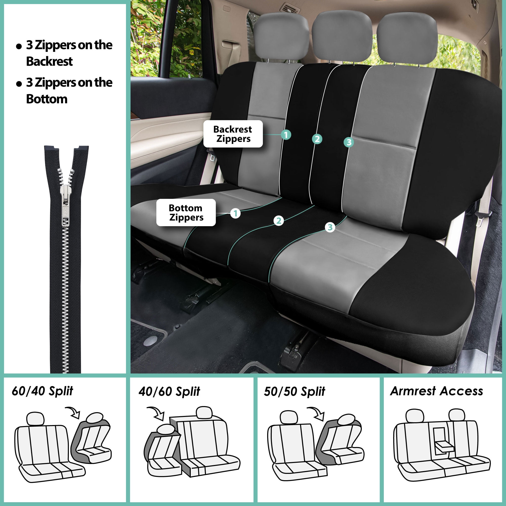 FH Group 3 Rows Universal Fit Faux Leather Car Seat Covers for SUV Sedan, Airbag Compatible, Split Bench w/ Free Air Freshener - 7 Seaters Gray