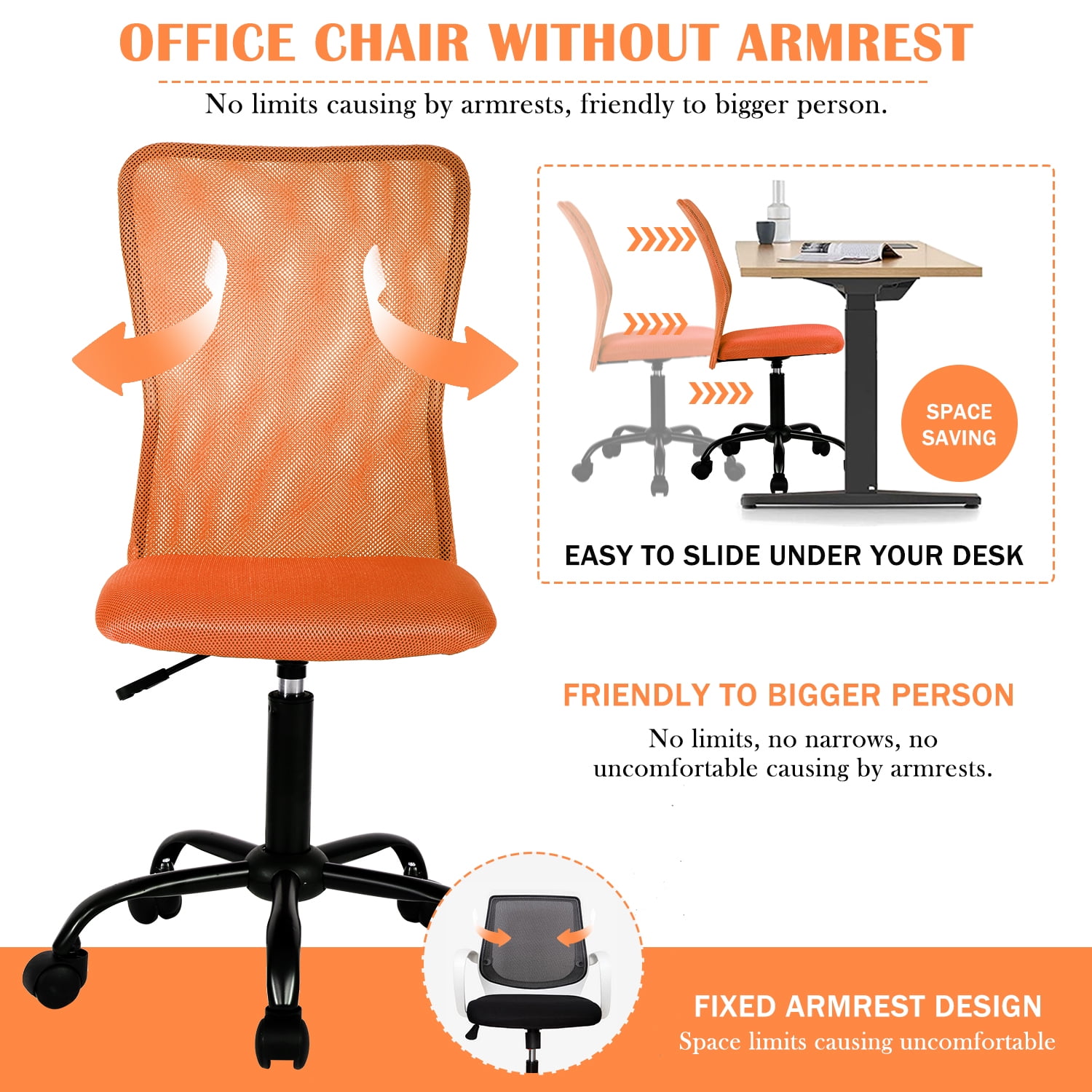 NiamVelo Armless Office Chair Ergonomic Mesh Computer Desk Chair for Adult with Lumbar Support Adjustable Rolling Task Chair, Orange