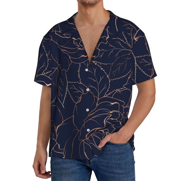Balery Copper-Gold Gloss Outline Navy Dark Blue Camisa Casual de Manga Corta con Botones para Hombre, Texturizada, Estilo Cubano, para Playa, Verano-4X-Large